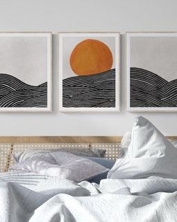 Waves and Sun Japandi Wall Art Triptych Set of 3 Prints, Simple