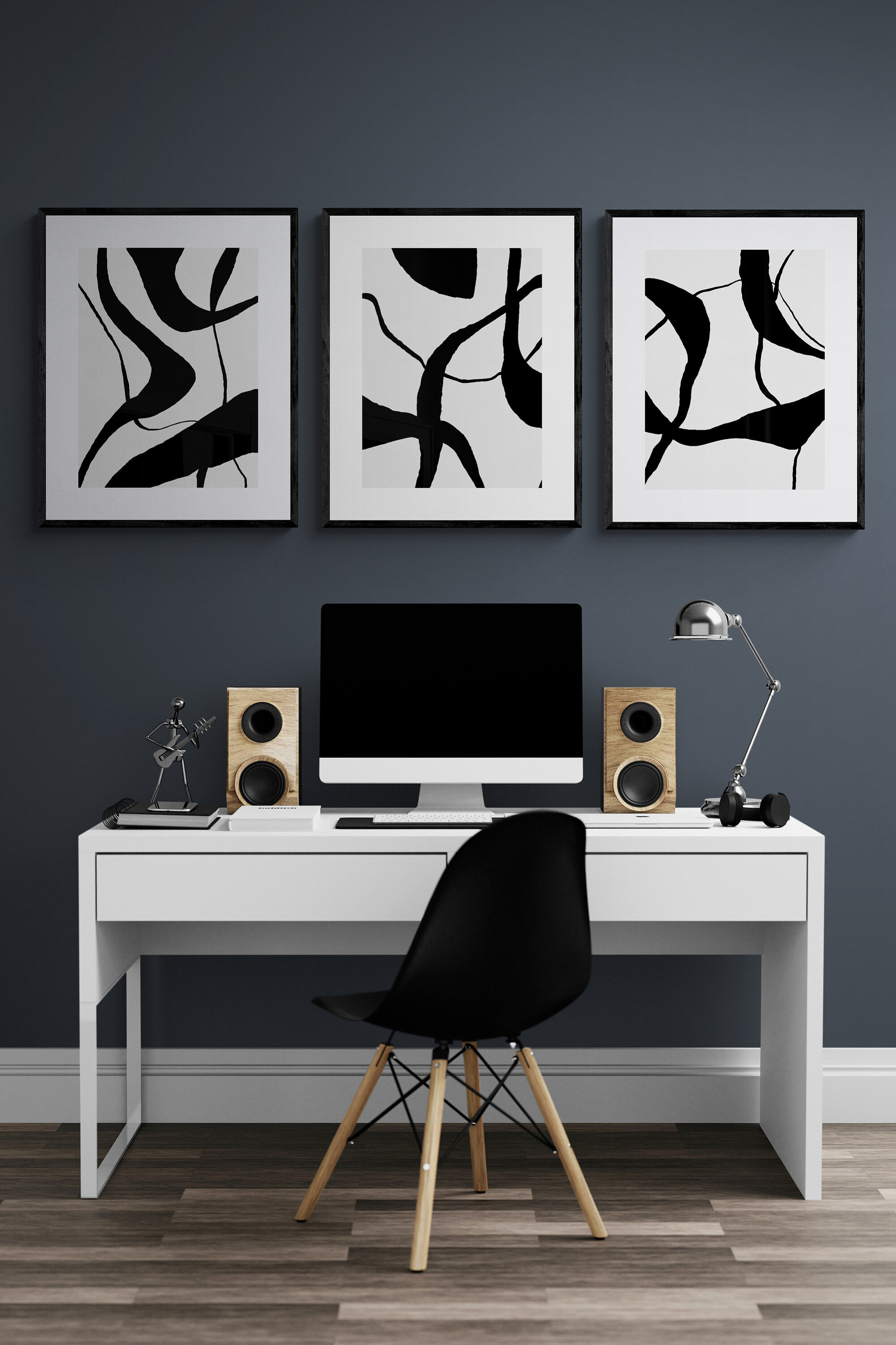 Black Abstract Art Prints Set of 3, Modern Black & White Minimalist ...