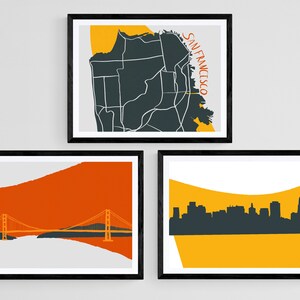 Set of 3 Minimal San Francisco Cityscape Wall Art Prints, Minimal Golden Gate Bridge Art, San Francisco Map Poster, Printable Art Posters