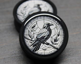 Stained Glass Black Raven - Plugs Gauges Earrings (Pair) (Faux Stained Glass)