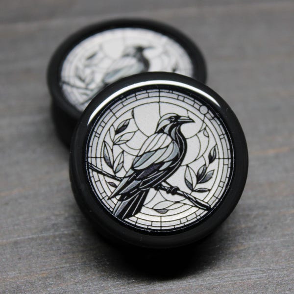 Stained Glass Black Raven Plugs: Biopolymer Gauges (Pair)