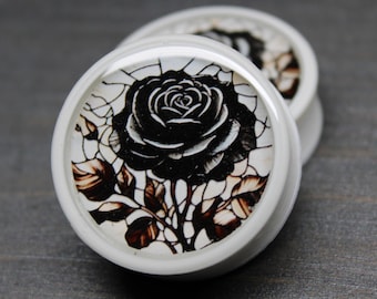 Stained Glass Black Rose  - Plugs Gauges Earrings (Pair) (Faux Stained Glass)