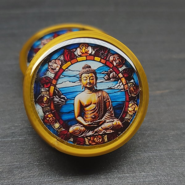 Stained Glass Buddha - Plugs Gauges Earrings (Pair) (Faux Stained Glass)