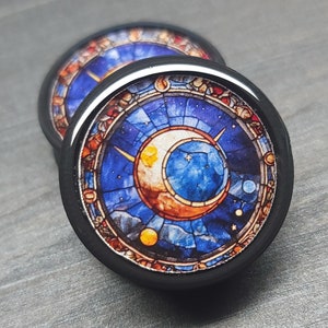 Stained Glass Crescent Moon - Plugs Gauges Earrings (Pair) (Faux Stained Glass)