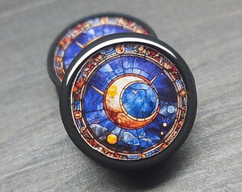 Stained Glass Crescent Moon Plugs: Biopolymer Gauges (Pair)