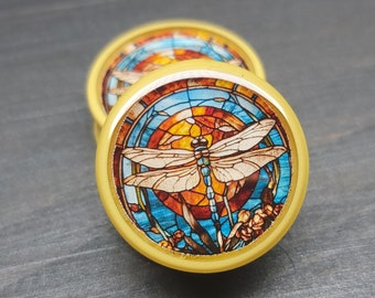 Stained Glass Dragonfly - Plugs Gauges Earrings (Pair) (Faux Stained Glass)