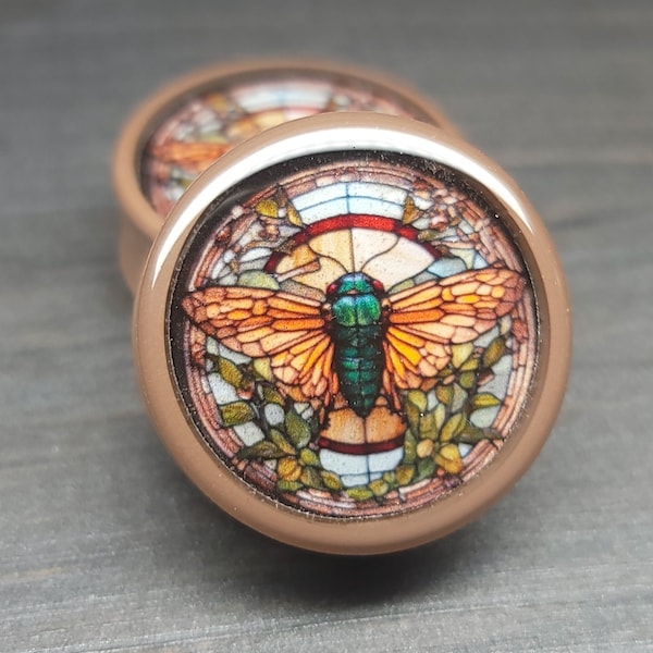 Stained Glass Cicada - Plugs Gauges Earrings (Pair) (Faux Stained Glass)