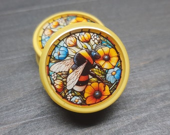 Stained Glass Bumblebee - Plugs Gauges Earrings (Pair) (Faux Stained Glass)