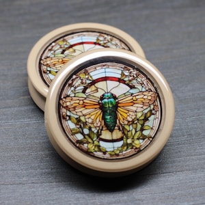 May include: Pair of beige acrylic ear gauges with a stained glass design featuring a green and yellow cicada insect.