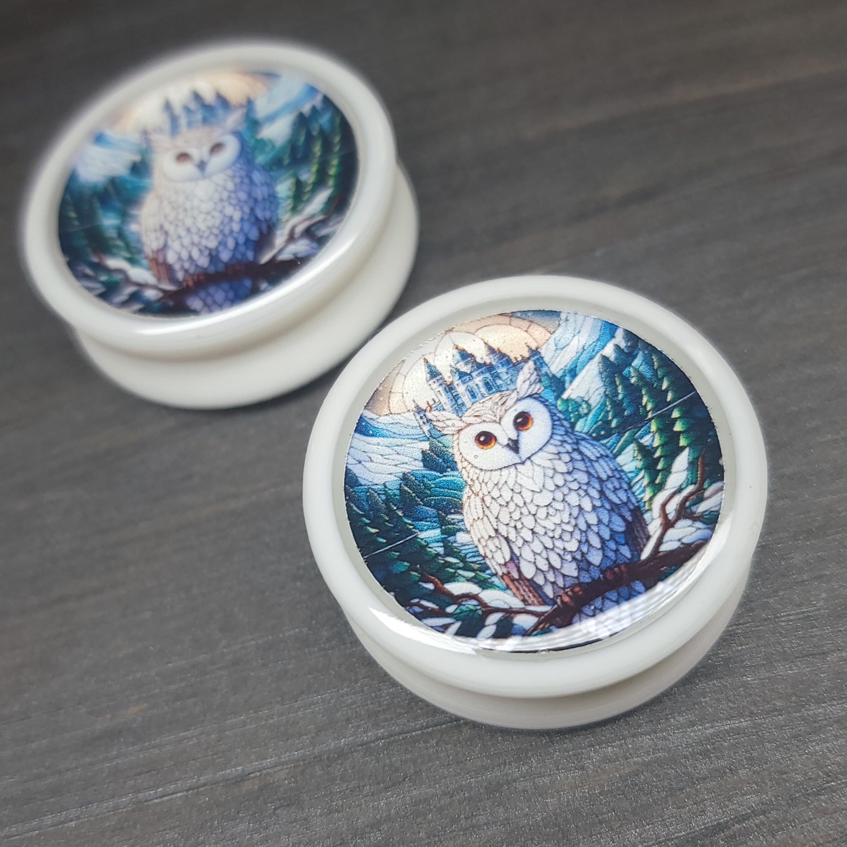 Horned Owl - Plug Gauges Earrings (Pair) (Faux Stained Glass)