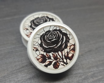 Stained Glass Black Rose  - Plugs Gauges Earrings (Pair) (Faux Stained Glass)