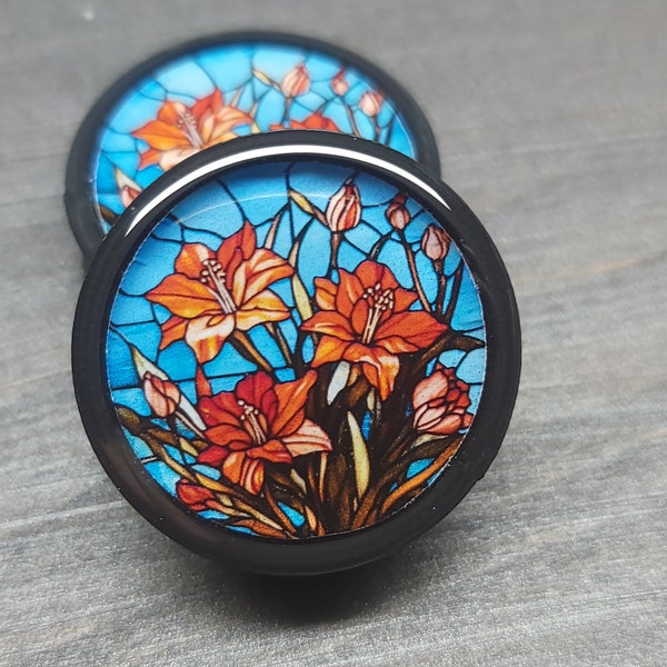 Stained Glass Tiger Lily - Plugs Gauges Earrings (Pair) (Faux Stained Glass)