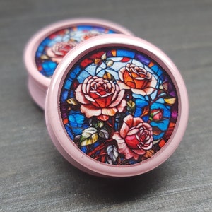 Stained Glass Roses - Plugs Gauges Earrings (Pair) (Faux Stained Glass)