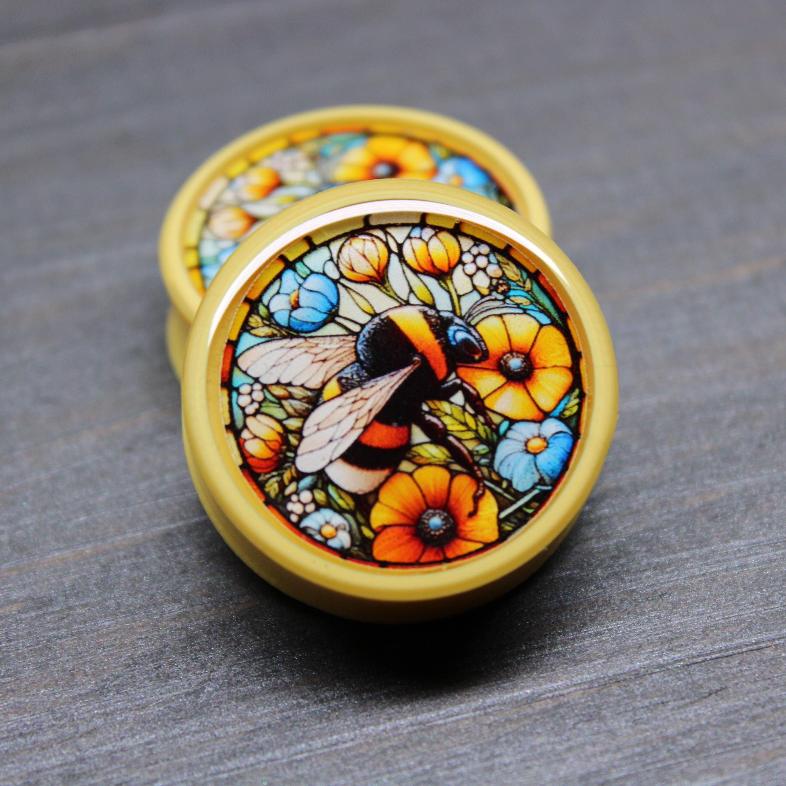 Stained Glass Bumblebee - Plugs Gauges Earrings (Pair) (Faux Stained Glass)