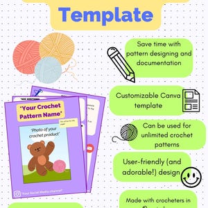 May include: A colorful graphic with the text "Crochet Pattern Template" in yellow and blue. The graphic features a crochet hook, yarn, and a customizable Canva template for creating crochet patterns. The text "Ready for use within 2 minutes!" is also included.