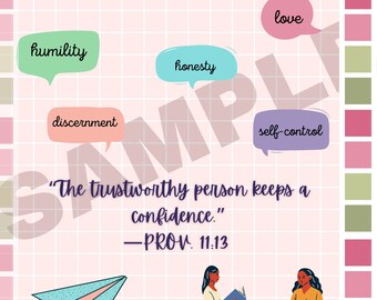 May include: A pink and white grid background with a quote about trustworthiness. The quote reads "The trustworthy person keeps a confidence." - PROV. 11:13.  There are speech bubbles with the words "love", "humility", "honesty", "discernment", and "self-control" around the quote. Two women are sitting on the floor reading books. A paper airplane is flying in the bottom left corner.