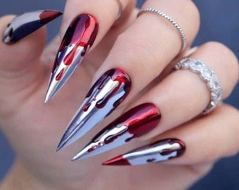 Halloween Bloody Press On Nails / Silver Chrome Nails Art / Red Nails / Spooky Nails / Long Almond / Horror Make up False Nails