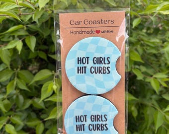 Hot Girls Hit Curbs Car Coasters | Checkered Neoprene Drink Holder Accessory