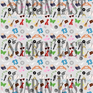 Puede incluir: Un patrón sin costuras que presenta una variedad de ilustraciones coloridas, que incluyen una guitarra, un micrófono, una mariposa, un corazón, una máquina de escribir, una bufanda roja, unas gafas de sol, una copa de champán, un semáforo, un disco, una gaviota, un reloj, un encendedor, una tienda de campaña, una mano haciendo un corazón y el texto "SOARIN' EAST".