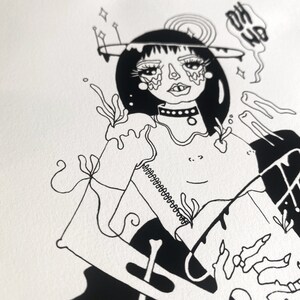 May include: Black and white line art illustration of a woman with a skull-like face, wearing a choker necklace and a hat with a planet design. The woman is surrounded by abstract shapes and the text "Oh No" is written in the top right corner.