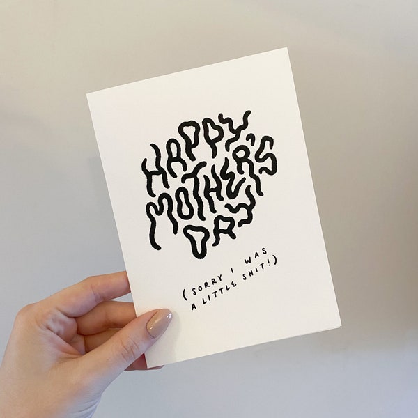 Funny Curse A2 Mother's Day Card | "Sorry I was a Little Shit" | Childhood Apology, Wiggly Typography, Hand Drawn Calligraphy
