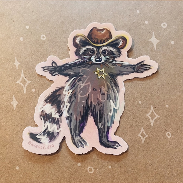 Cowboy Raccoon 2.5” Sticker | matte die cut, waterproof | art vinyl decal, cute silly smol little guy animal illustration yeehaw trash panda