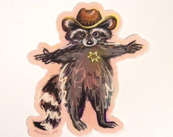 Cowboy Raccoon 2.5” Sticker | matte die cut, waterproof | art vinyl decal, cute silly smol little guy animal illustration yeehaw trash panda
