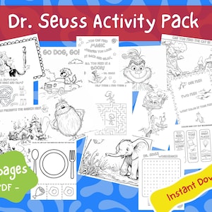 May include: Black and white printable activity pack featuring Dr. Seuss characters like the Cat in the Hat, the Grinch, and Horton the Elephant. The pack includes 15 pages of activities such as mazes, coloring pages, word searches, and cut-out bookmarks. The text "Instant Download" is visible in the bottom right corner.