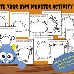 May include: A printable activity pack featuring 10 different black and white monster outlines for kids to color and create their own unique monsters. The text "CREATE YOUR OWN MONSTER ACTIVITY PACK" is at the top of the image. The text "10 Different Monsters" is at the bottom of the image, along with "Instant Download" and "8.5 in. X 11 in. PDF".