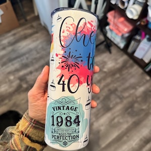 40 and Fabulous tumbler with straw and lid, 1984, 40th birthday, vintage