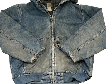 Carhartt Hooded Denim Blanket Lined Distressed Jacket