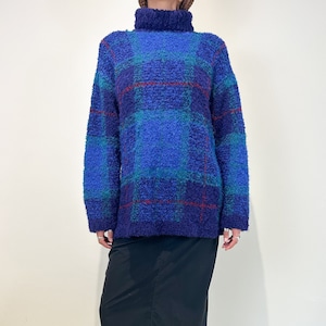 Vintage Handgestrickt Mohair Wollmischung Karo Oversized Pullover