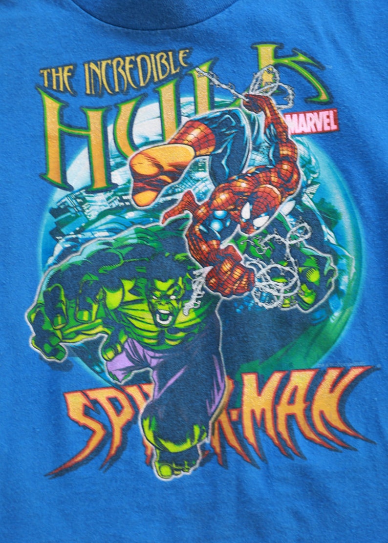 Puede incluir: Una camiseta azul con un estampado gr&aacute;fico de Hulk y Spider-Man. El texto "The Incredible Hulk" y "Spider-Man" est&aacute; impreso en amarillo. El logotipo de Marvel est&aacute; impreso en rojo y blanco.