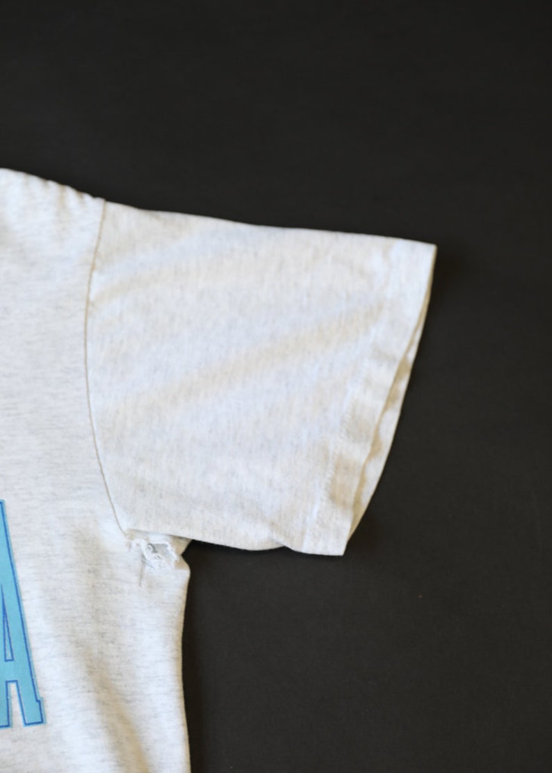 May include: A white t-shirt with a blue and white graphic print. The shirt has a small tear on the sleeve.