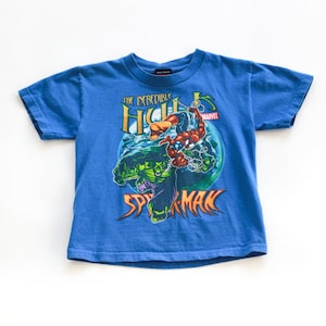 Puede incluir: Una camiseta azul con un estampado gr&aacute;fico de Hulk y Spiderman. El texto "The Incredible Hulk" y "Spiderman" est&aacute; impreso en la camiseta. El logotipo de Marvel tambi&eacute;n est&aacute; impreso en la camiseta.
