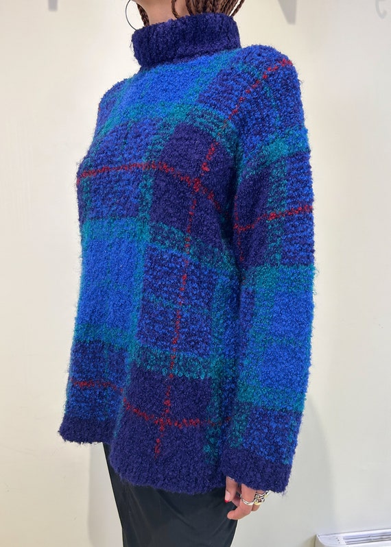 Vintage Hand Knit Mohair Wool Blend Plaid Oversiz… - image 3
