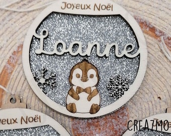 Boule de Noël Pingouin glitter, 8cm,personnalisée, Décoration d’arbre de Noël, Ornement personnalisée découpé au laser