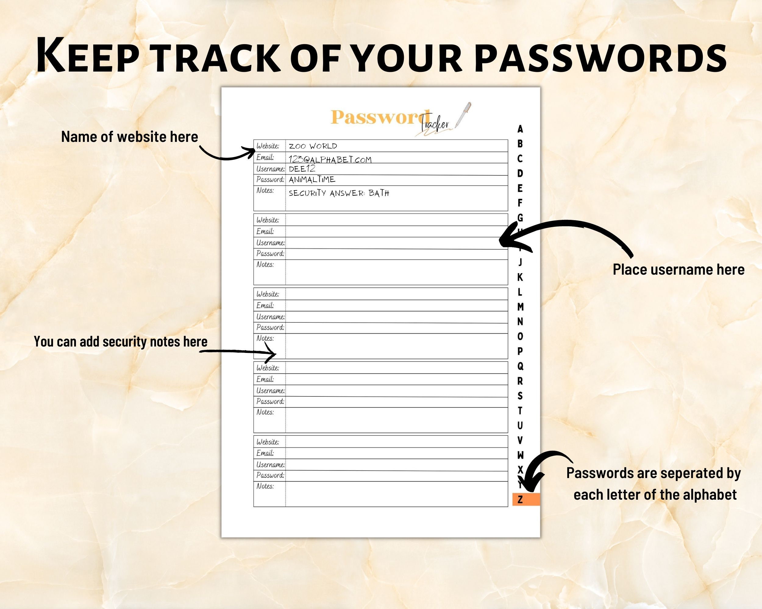 Password Tracker PDF Printable Sheets, Password Insert Template