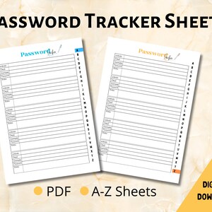 Wachtwoordtracker PDF-afdrukbare bladen, wachtwoordinvoegsjabloon, wachtwoordboek downloaden, A4-wachtwoordbladen, A5, US Letter-wachtwoordbladen