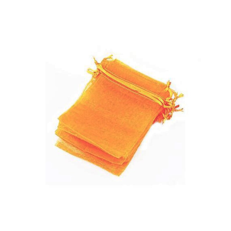 May include: A stack of orange organza gift bags with gold ribbon ties. The bags are made of sheer fabric and are perfect for small gifts or favors.