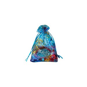 May include: A blue sheer drawstring bag with a colourful floral pattern. The bag is made of a delicate, translucent material and has a drawstring closure.