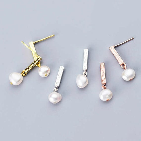 Pendientes de Barra Labrada de plata 925, plata bañada en oro y oro rosa con perlas barrocas de río