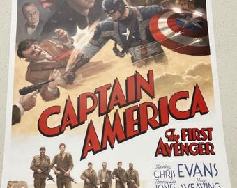 May include: A vintage-style movie poster for Captain America: The First Avenger. The poster features a red, white, and blue color scheme with a dramatic image of Captain America holding his shield and fighting a villain. The poster also features the names of the actors, including Chris Evans, Hugo Weaving, and Tommy Lee Jones.