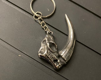 May include: A silver metal dinosaur claw keychain with a skull and a long, curved claw.