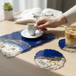 Resin coaster set (4) with base and matching serving tray with gold clear handles