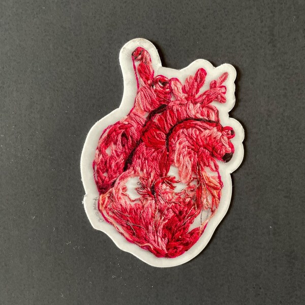 Sticker: "Heart" | Opaque die cut vinyl sticker of original anatomical heart embroidery on tulle artwork 3 inches