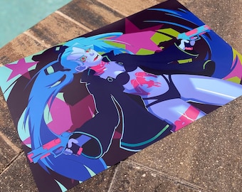 May include: A digital art print featuring a blue-haired anime character with glowing green eyes, wearing a black jacket and holding two guns. The character is posed against a background of pink and green stars.