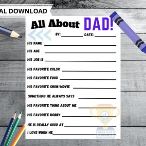 All About Dad Kid&#39;s Questionnaire Worksheets for Father&#39;s Day or Birthday Printable Instant Download, Father’s Day Activity