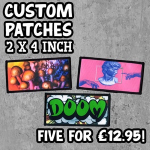 Custom Made to Order 2 Inch x 4 Inch Rectangular Iron On or Sew On Patches, Personalised Patch Made With Your Design, Five Images for 12.95!