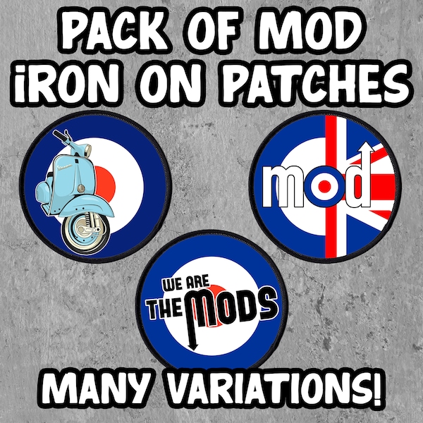 Pack of Mod Iron On/Sew On Patches, Mod Target Patches, Many Styles, Scooter Patches, The Who, Vespa Patch, Lambretta Patch, Gift for Mods